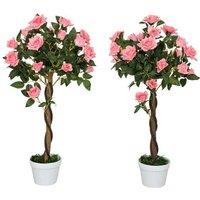 2 Pink Rose Artificial Flowering Shrubs in Pots - 90cm, Indoor/Outdoor
