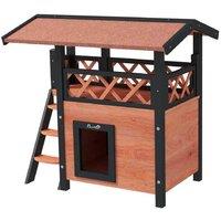 Outdoor Wooden Cat House with Balcony, Stairs & Weatherproof Roof - 77 x 50 x 73 cm, Brown