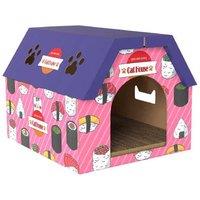 2-in-1 Cardboard Cat House & Scratcher - Pink - Corrugated, Space-Saving, Indoor Cat Enrichment
