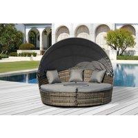 Grey Rattan Round Sofa Bed Patio Set with Coffee Table - Weather-Resistant, 4-Seater Reclining Sun Lounger