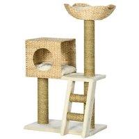 Multi-Level Cat Tree with Scratching Posts & Plush Bed - Natural Particle Board, Space-Saving Design
