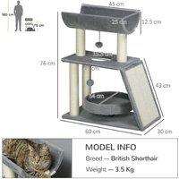 Cat Tree with Sisal Scratching Posts, Plush Perch & Bed - Multi-Level, Space-Saving, Grey (60x30x76cm)