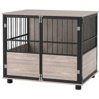 Multi-Door Dog Crate Table with Cushion - Medium Breed, Stylish Grey Furniture Crate