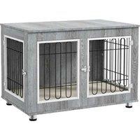 Dog Crate Table with Cushion - Double Door, Medium/Large, Stylish Grey Indoor Kennel