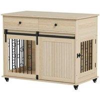 Oak Tone Dog Crate Table with Wheels & Drawers - Heavy-Duty, Multi-Functional, For Medium & Large Breeds