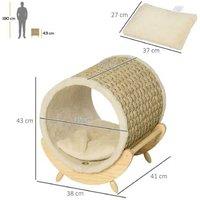 Elevated Cat House with Cushion & Scratcher - Pine Wood, Modern Cat Bed (413843cm) - Khaki