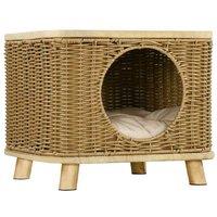 Wicker Cat House - Elevated Modern Cat Bed with Washable Cushion, Light Brown, Raised Design