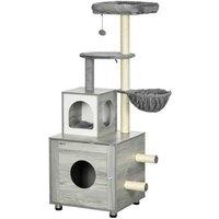 Enclosed Cat Litter Box & Cat Tree - Grey, Multi-Level Sisal Posts, Plush Bed, Modern Indoor Furniture