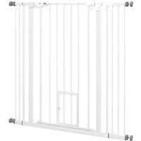 Extra Tall Dog Safety Gate with Cat Flap - Auto Close - Adjustable 74-101cm - White Steel Barrier