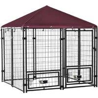 Heavy-Duty Outdoor Dog Kennel with UV Cover & Rotating Bowls - Secure Enclosure for Small/Medium Breeds (Red Roof)