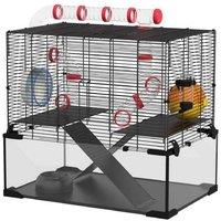 Gerbil & Hamster Cage - Deep Glass Bottom, Exercise Wheel, Multi-Level Hut - 60x40x57cm Small Pet Habitat