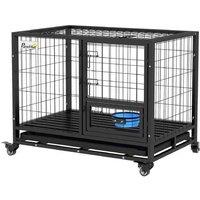 Heavy-Duty XL Dog Crate with Removable Tray, Bowl Holder & Wheels - Secure Steel Kennel for Large Breeds