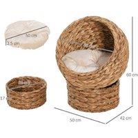 Wicker Cat Bed - Raised Modern Basket with Cushion, Natural Banana Leaf, Sturdy Metal Frame