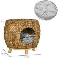 Wicker Cat House Stool - Raised Rattan Bed with Cushion - Space-Saving Modern Cat Furniture 444341cm