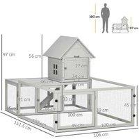 Rabbit & Guinea Pig Hutch with Extra Fenced Run, Easy-Clean Tray - Light Grey, Indoor Small Animal House
