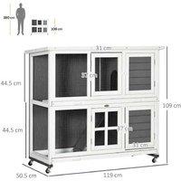 Rabbit Hutch with Slide-Out Trays & Wheels - 119x109cm - Two-Tier Small Pet Cage for Rabbits, Guinea Pigs