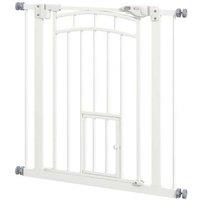 Pressure Fit Dog Stair Gate with Cat Door, Auto-Close - Adjustable 74-80cm - Heavy-Duty Steel - White
