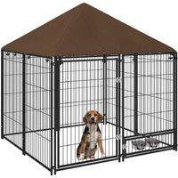 Outdoor Heavy-Duty Dog Kennel Playpen with Weatherproof Canopy & Feeding Bowls - Secure Fence Crate for Medium & Large Breeds