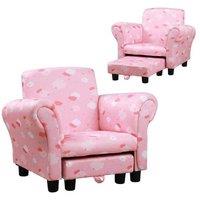 Kids Armchair Mini Sofa with Footrest, Solid Wood Frame, Easy-Clean Pink Cloud Upholstery - Toddler Lounge Chair