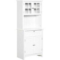 White Wood Kitchen Buffet & Hutch Cupboard with Glass Doors - Large Freestanding Storage Unit