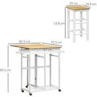 Wooden Kitchen Island Storage Cart Set with 2 Stools, Compact Drop-Leaf, Lockable Wheels - Minimalist Space-Saving Solution