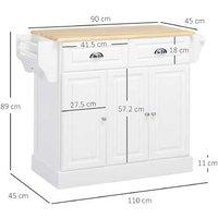 Wood Kitchen Island with Drawers, Wheels & Storage Rack - White, Mobile Butcher's Block