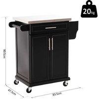 Wood Kitchen Island Storage Cart with Drawer, Rack & Wheels - Black, Stainless Steel Top