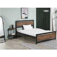 Metal Full Bed Frame with Rustic Wooden Headboard & Footboard, Slat Support - Single, Double, or King Size