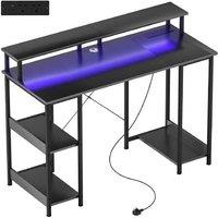 LED Computer Desk with Power Outlets & Storage Shelves, Carbon Grey - Modern Home Office Workstation