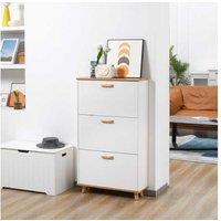Slim White Shoe Cabinet - 3 Flip Drawers, Adjustable, Space-Saving Storage Unit, Wood Finish