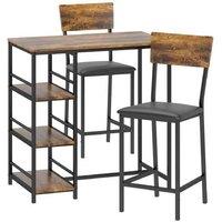 3PC Compact Bar Table Set - Faux Leather Upholstered Stools, Storage Shelves, Industrial Style - Brown/Black