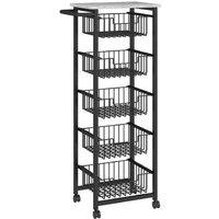 Metal Mesh Modular Kitchen Storage Trolley with Wheels & Brakes - 5-Basket, Marble-Effect Top, Grey/Black
