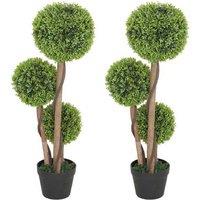 Artificial Boxwood Topiary Trees - 2pc Set in Pots, Plastic, Modern Decorative Plants, 90cm Tall