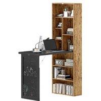 Folding Desk with Blackboard & Side Shelf - Rustic Brown Solid Wood Space-Saving Living Room Furniture