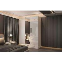 High Gloss MDF 2 Door Mirrored Wardrobe with Shelves, Drawers & Silver Handles - Contemporary Bedroom Storage, 90cm