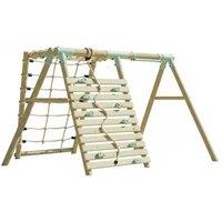 Wooden Round Pole Single Swing Set with Sturdy Climbing Wall for Kids