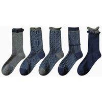 Blue Mid-Calf Cotton Socks for Women with Retro Floral, 3-Pack