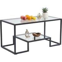 2-Tier Modern Coffee Table with Glass Top, Wood Shelf, and Metal Frame