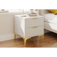 Modern White Vertical-Striped Bedside Table with Gold Legs and Drawers