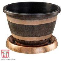 Wooden Barrel Effect Patio Planter with Saucer - Rustic Garden Pot
