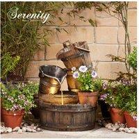 Rustic Cascading Barrel Water Feature & Planter - Garden Ornament Outdoor Decor