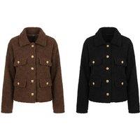Unisex Black Solid Colour Collared Button-Decorated Plush Coat - 2 Sizes & 2 Colours