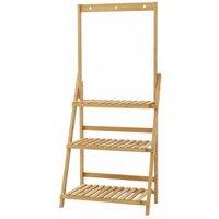 3-Tier Foldable Wooden Ladder Shelf with Hanging Rod and Slatted Tiers