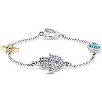 Silver Rhodium Crystal Charm Stacker Bracelet - Hamsa Hand & Gold Clover, 18cm Layering Bangle