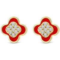 Gold Plated Clover Stud Earrings with Red Enamel & Crystal Accents - Diamond Style London