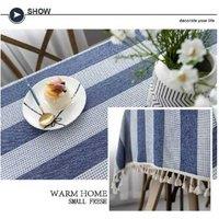 Blue Striped Cotton & Linen Tablecloth 140x140cm - Classic Tableware for Dining & Garden