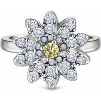 Diamond Style Rhodium-Plated Daisy Flower Statement Ring - Crystal Accent, High-Shine Finish