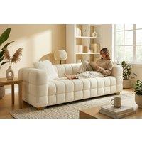 Cream Teddy Fleece Boucle 3-Seater Sofa - Modern Plush Fabric Loveseat with Scatter Pillows