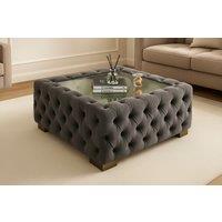 Grey Velvet Chesterfield Glass Top Coffee Table - Luxury Living Room Centrepiece, 60cm Or 90cm!