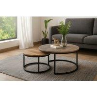 Nesting Round Coffee Tables - Space-Saving Oak or Grey Set, Modern Metal Frame